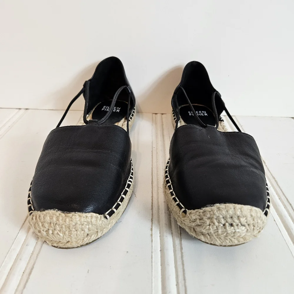 Eileen Fisher Wali Black Leather Espadrilles Women’s 6.5 Slip On Flat Loafers